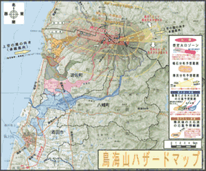 鳥海山ハザードマップ 噴火時の影響範囲や避難ルート、危険ゾーンが色分けされた地図