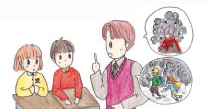 教師が噴火の様子と避難行動について生徒に教えているイラスト