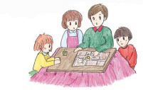 地図を使って防災計画を話し合う家族のイラスト