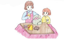 非常用持ち出し袋を準備する家族のイラスト