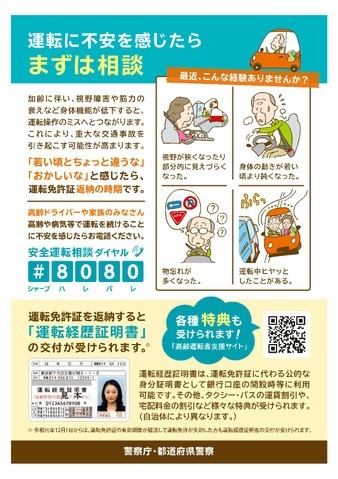 安全運転リーフレット（裏）。運転に不安を感じた際の相談を呼びかけるポスター。最近の運転で『判断が遅れる』『見落としが増える』『急ブレーキが多い』などの不安がある場合、安全運転相談ダイヤル『#8080（シャープ ハレバレ）』への相談を案内。